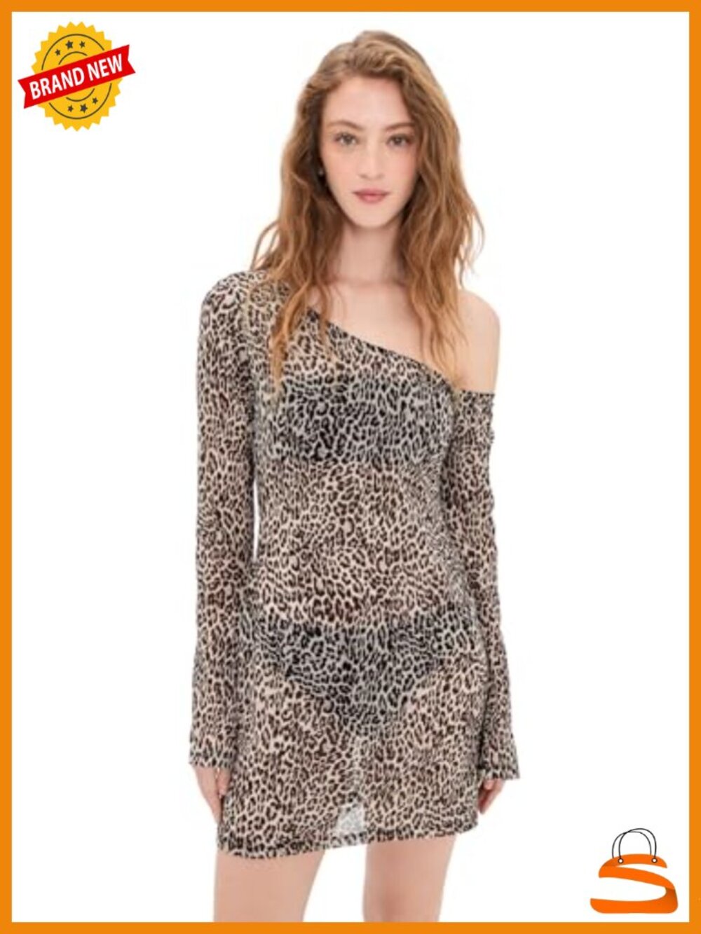 Super-Stretch Mesh Asymmetric Mini Coverup Dress Off Shoulder Long Sleeve